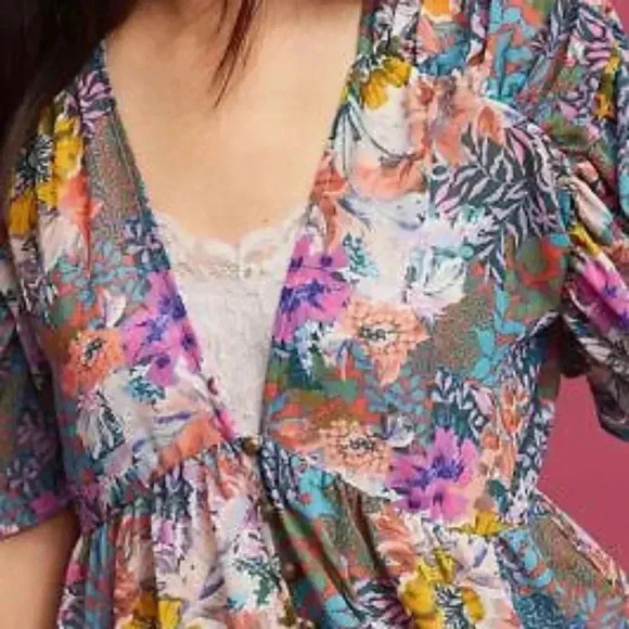 Anthropologie Akemi+Kin Valencia Sheer Multicolor Floral Boho Ruched Sleeves XS - Picture 4 of 16